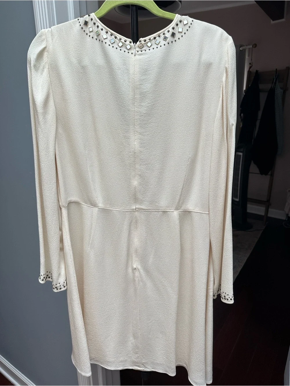 Tory Burch 100% Silk Cream Embellished V-Neck Long Sleeve Dress Size 12